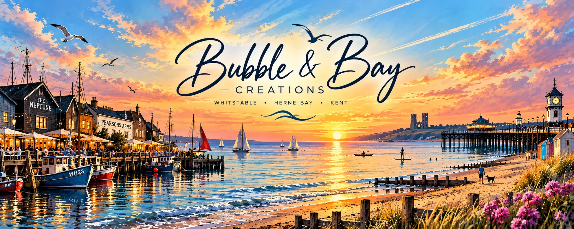 Bubble & Bay Creations coastal artwork showing a colourful Kent seaside at sunset